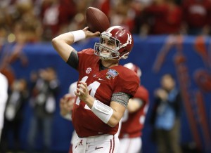 Jan 1, 2015; New Orleans, LA, USA; Alabama Crimson Tide quarterback Jake Coker (14) during warm-ups prior to the 2015 Sugar Bowl  against the Ohio State Buckeyes at Mercedes-Benz Superdome. Mandatory Credit: Matthew Emmons-USA TODAY Sports
