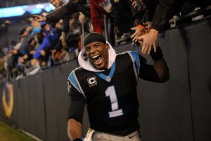 Nov 2, 2015; Charlotte, NC, USA; Carolina Panthers quarterback Cam Newton (1) celebrates after beating the Indianapolis Colts in overtime during the game at Bank of America Stadium. Panthers win 29-26. Mandatory Credit: Sam Sharpe-USA TODAY Sports