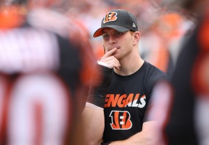 Dec 13, 2015; Cincinnati, OH, USA; Cincinnati Bengals quarterback Andy Dalton (14) looks on from the sidelines against the Pittsburgh Steelers in the second half at Paul Brown Stadium. The Steelers won 33-20. Mandatory Credit: Aaron Doster-USA TODAY Sports