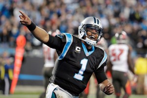 Jan 3, 2016; Charlotte, NC, USA; Carolina Panthers quarterback Cam Newton (1) celebrates after a touchdown in the second quarter against the Tampa Bay Buccaneers at Bank of America Stadium. Mandatory Credit: Jeremy Brevard-USA TODAY Sports